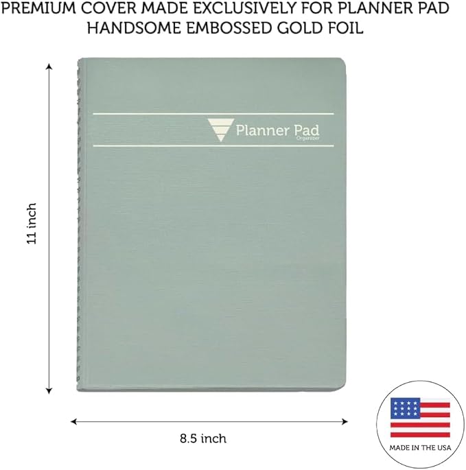 Planner Pad Spiral Bound January-December 2027/ Calender Year 8 1/2" x 11" Large 3-Tier Funnel Down 12 Month Organizer, Greenish Grey Cover/Soft Green Ink