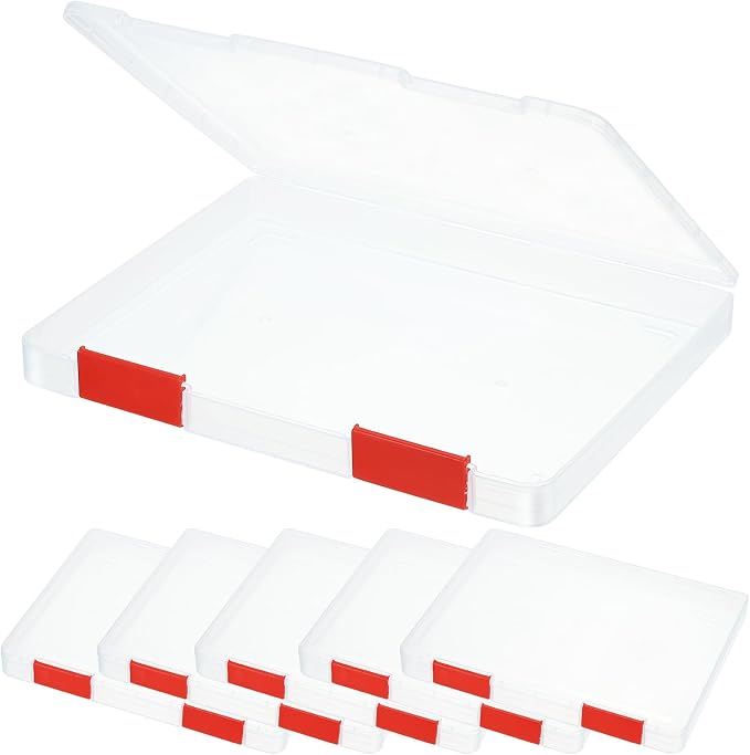 PATIKIL Clear A4 File Portable Project Case with Buckle Plastic Storage Box for 8.5" x 11" Letter Paper Scrapbook Paper Storage Boxes, 6Pcs, 12.4"x9.8"x1.2", Dark Red