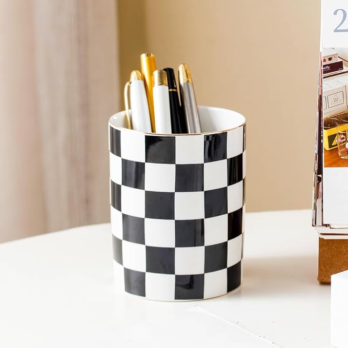 Aesthetic Desk Organizer Set of 2 For Office, Pen Holder and Paper Clip Holder Dispenser, Checkered Ceramic Cute Pencil Cup Pot, Desktop Accessories, Office Decor, Ideal Gifts (Black)