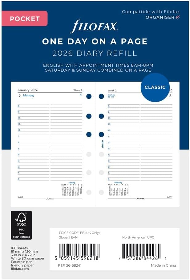 Filofax Calendar Diary Refill, Pocket Size, Day on One Page with Appointments, Ruled, White Paper, English, 2026 (C68241-26)