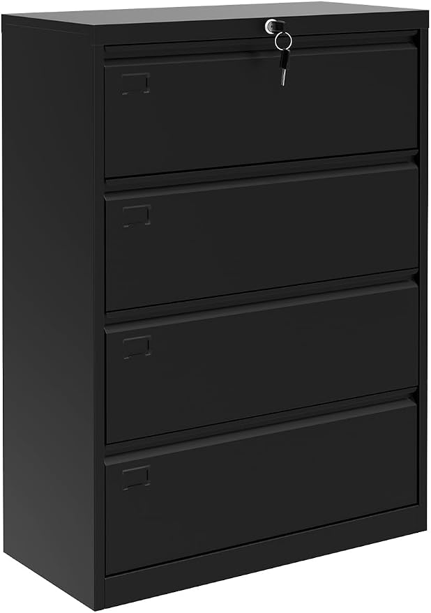 4-Drawer Lateral File Cabinet with Lock, Steel Filing Cabinet for Letter/Legal/a4, Space-Saving Office Storage Organizer, Smooth Full Extension Drawers, Easy Assembly, Black