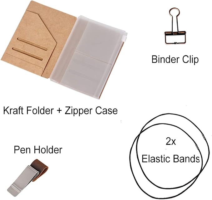 Passport Size Travelers Notebook Accessories Kit - Kraft File Folder, Zipper Case, Pen Holder, Binder Clip and 2 Elastic Bands