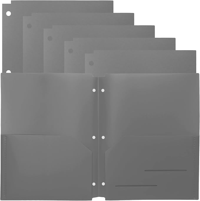 Youngever 6 Pack Heavy Duty Plastic Two Pocket Folders, Binder Dividers with Pocket, 3 Hole Punch Folder with Notches, Binder Folders (Grey)