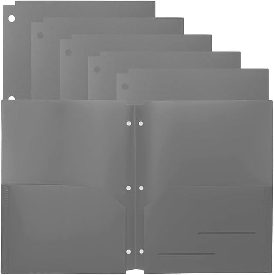 Youngever 6 Pack Heavy Duty Plastic Two Pocket Folders, Binder Dividers with Pocket, 3 Hole Punch Folder with Notches, Binder Folders (Grey)