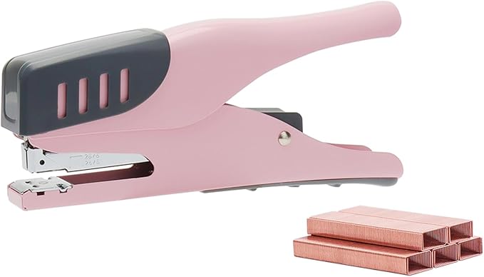 NatSumeBasics Plier Effortless Stapler & 1000 Rose Gold Staples, Handheld Stapler 45 Sheet Capacity Heavy Duty Manual Staplers for Office Accessories Supplies (Pink)
