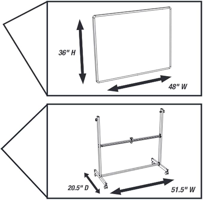 Luxor 48" W x 36" H Rolling Reversible Dry Erase Double-Sided Magnetic Whiteboard with Aluminum Frame and Marker Tray - Perfect for School, Classroom, Conference and Presentation