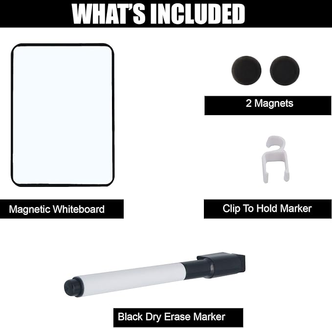 Magnetic Dry Erase Board for School Locker, 6" x 8" Marker and 2 Magnets - Small Whiteboard for Classroom, Home, Office, Travel - Black