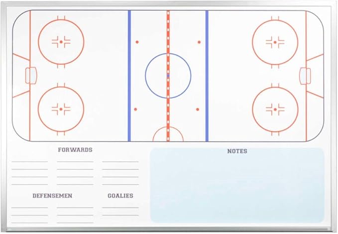 Dry Erase Ice Hockey Whiteboard, Wall Mounted 32" Tall x 45" Wide with Aluminum Trim and Full-Length Marker Tray. Includes Installation Hardware. Features Image of Full Rink, Line-Up, and Notes.