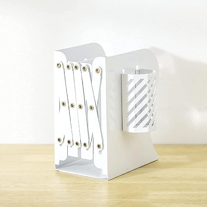 Adjustable Bookends Metal Book Ends for Heavy Book Holder Heavy Duty Bookends Nonskid Bookcase Desktop Book Organizer Binder Holder (White)