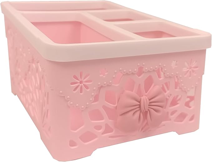Pink Bow 4 Compartment Plastic Storage Caddy, Hollow Lace Divided Vanity Organizer Bin, Cute Pastel Pink Desktop Basket for Cosmetics Stationery Small Accessories (Bowknot B)
