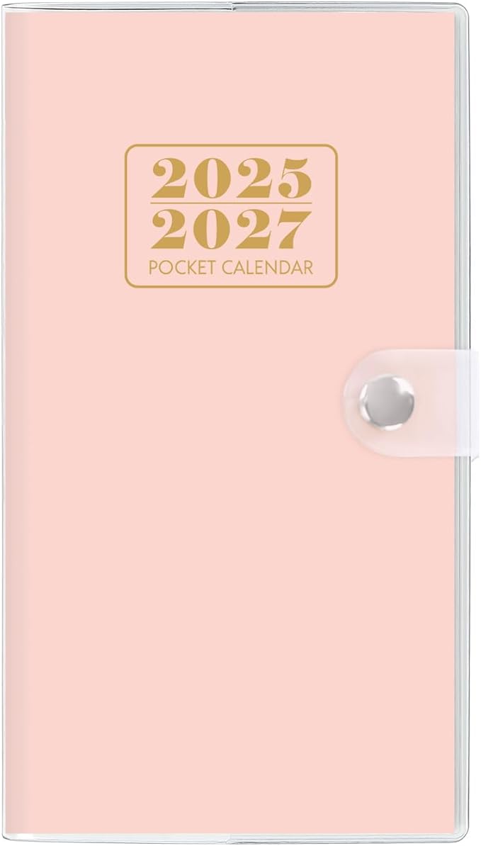 Pocket Calendar 2025-2027, Monthly Purse Planner (6.7" x 3.7") Runs from July 2025 to December 2027, Solid Pink Pocket Calendar with PVC Cover for Planning, Organizing, and Office Use