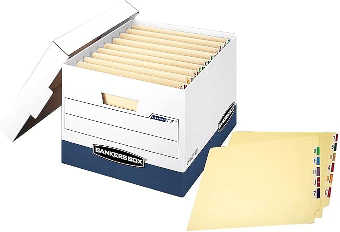 Bankers Box 12 Pack STOR/File End Tab Heavy-Duty File Storage Boxes, FastFold, Lift-Off Lid, White/Blue