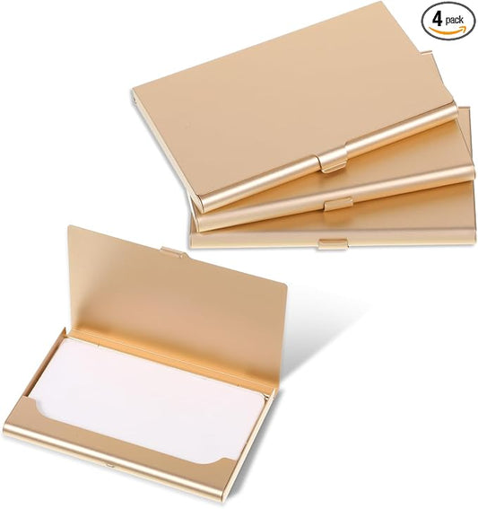 Gold Slim Business Card Case, 4 Pack Gold Metal Business Card Holder Professional Holder Case Pocket Metal Cases Purse Name Cards Holders Credit Cards with Buckle Style Shut for Men Women