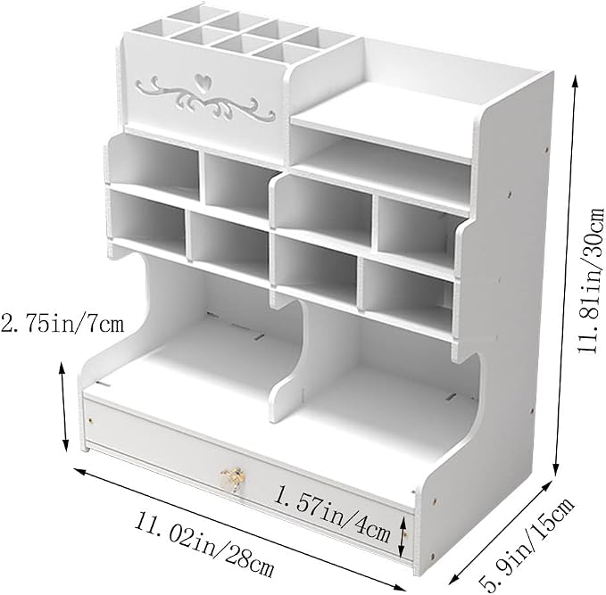 Hggzeg White Pen Holder with Compartments and Drawer, Marker Organizer, Art Supply Accessories, Multi-Functional Pencil Storage, for Home, Office and School