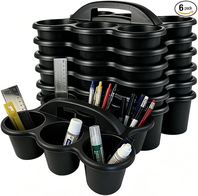 6 Pack Classroom Caddy Organizer with Handle Black Plastic Table Caddy 6 Compartments Storage Cup Holder for School Supplies Art Crafts Crayons Pencils Stackable Desk Caddy for Office Home