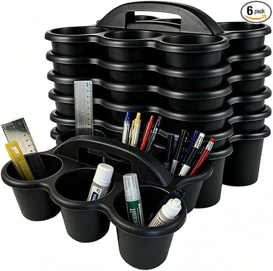 6 Pack Classroom Caddy Organizer with Handle Black Plastic Table Caddy 6 Compartments Storage Cup Holder for School Supplies Art Crafts Crayons Pencils Stackable Desk Caddy for Office Home