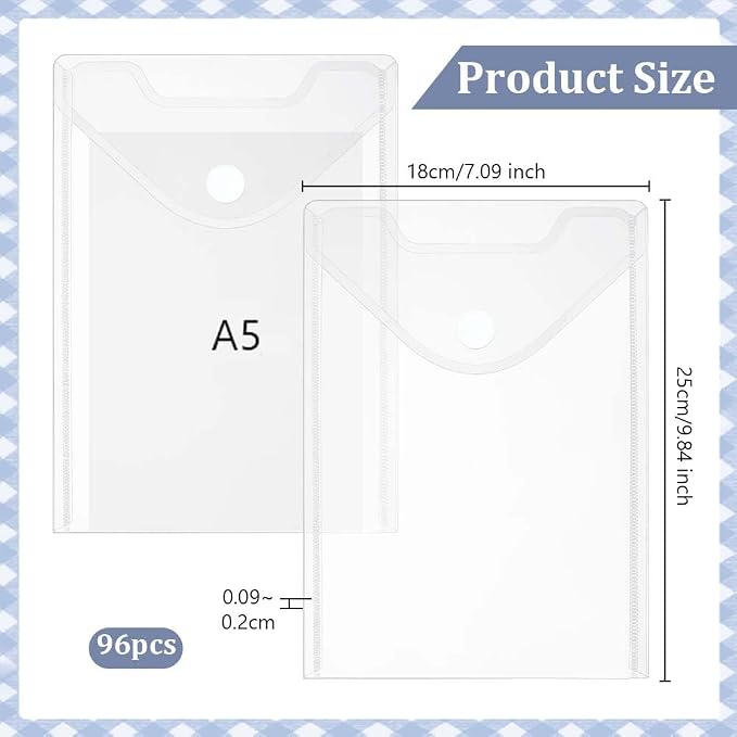 96 Pack Plastic Envelopes, 7 X 10 File Envelope with Hook & Loop Closure Small Bill Storage Bags A5 Clear File Folders for School Home Work Office Letter Photos Organization