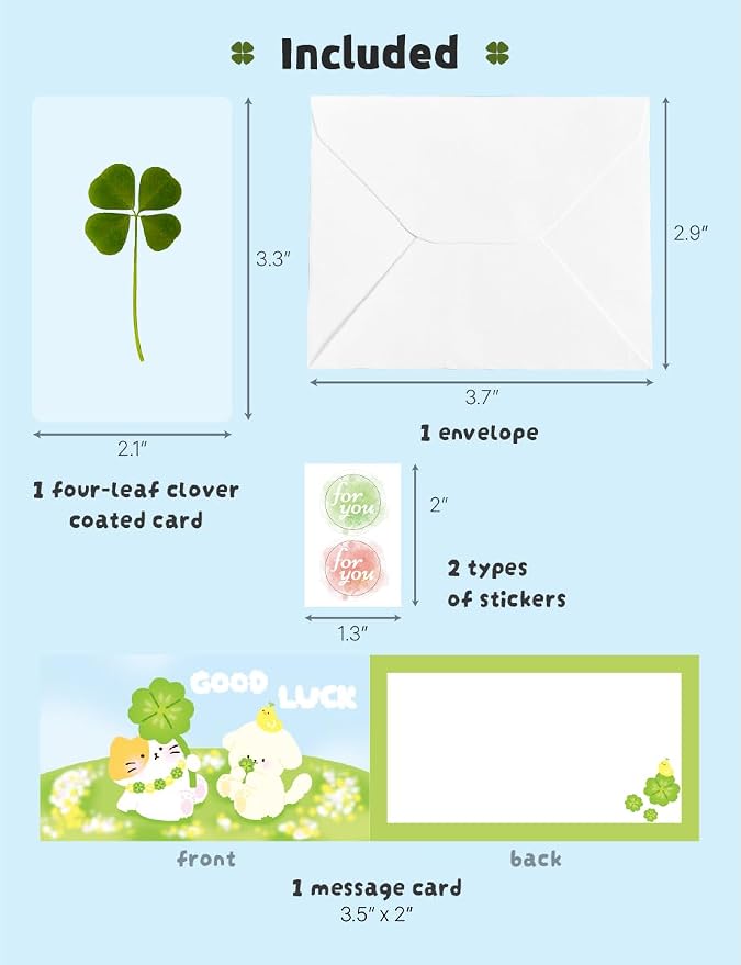 Genuine Real Four-Leaf Clover Bookmark, Elegant Four-Leaf Clover Bookmark, Smartphone, Wallet Coated Gift Thank You Card Four-Leaf Clover Gift (Cute Character Card)
