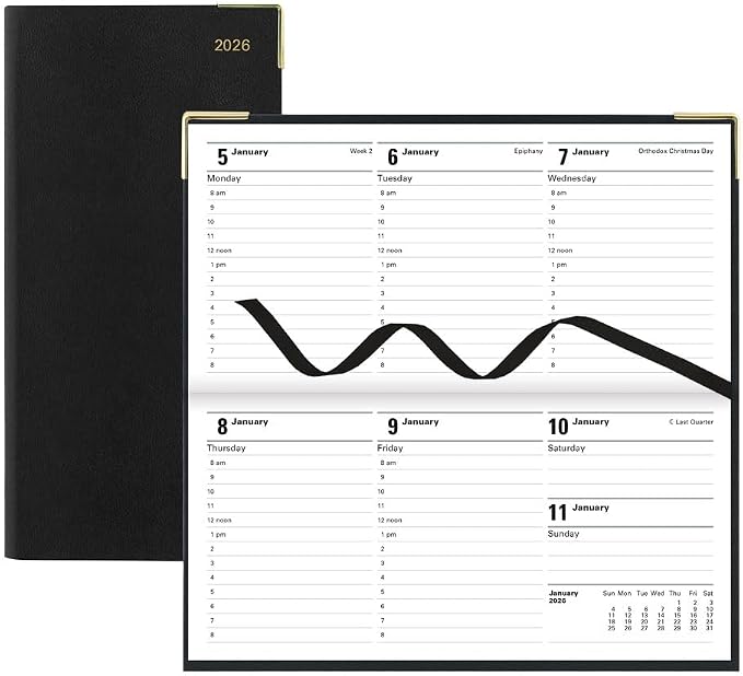 Letts of London® 2026 Classic Weekly/Monthly Appointment Book and Planner, 12 Months, January to December, Gold Corners, Horizontal, Slim Size, 6.625" x 3.25", English, Black (C32SBK-26)