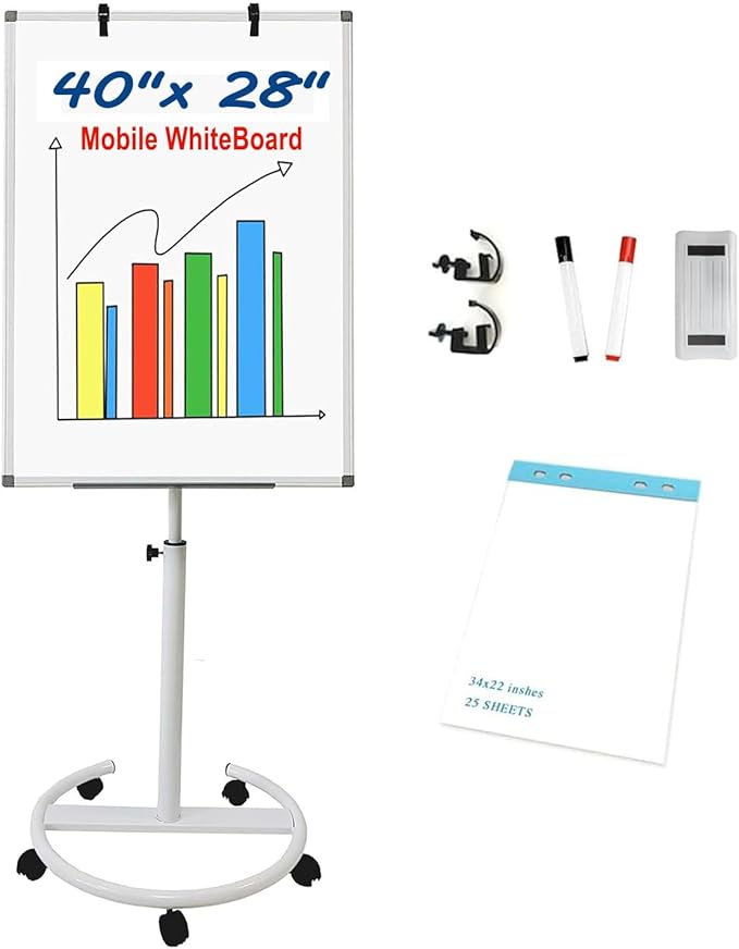 Mobile Easel Whiteboard 28 × 40 Inches Adjustable Height Rolling Whiteboard on Wheels, Portable Dry Erase Board Stand Easel Flipchart with Paper Pad