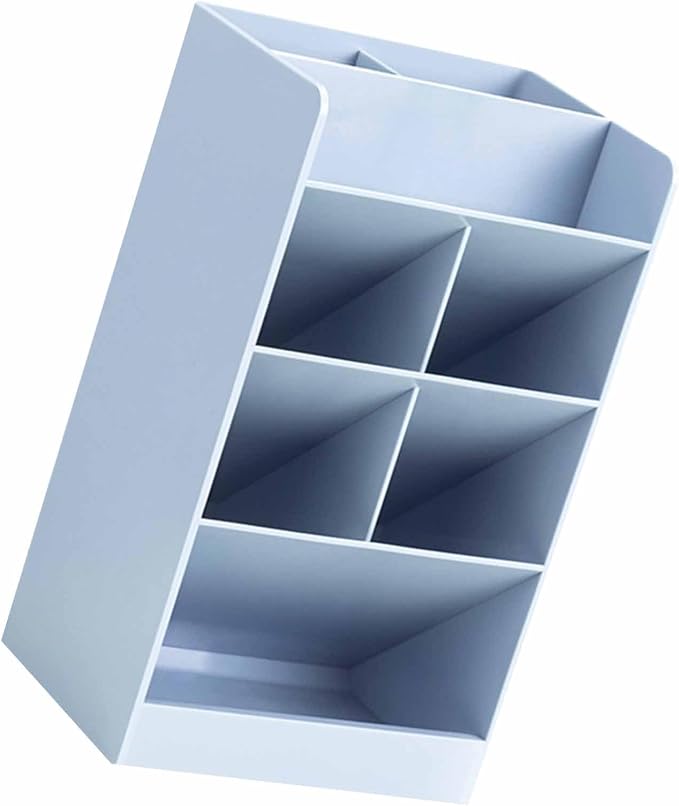 Tissting Slanted Desk Organizer Blue 7 Compartments - Space Saving Pen Holder for Office School Supplies with Multi-Use Storage Compartments for Stationery, Cosmetics, and Jewelry Organization