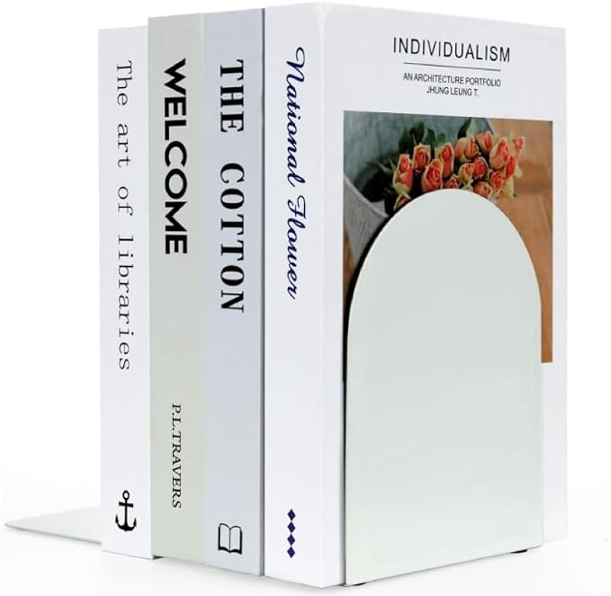 Lulonpon 8 Pieces Book Ends, Bookends, Books Stand, Metal Bookend for Shelves, White Book Ends for School, Library, Desktop Organizer