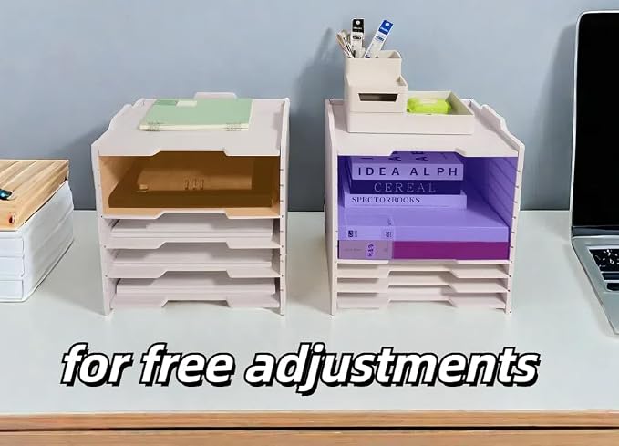 A4 Wooden Desk Letter Tray, Paper Organizer Storage with Adjustable Shelves, Stackable File Sorter for Notes, Pens, File Paper and Desk(A4&Landscape-6tray(with 5 Adjustable Shelves))