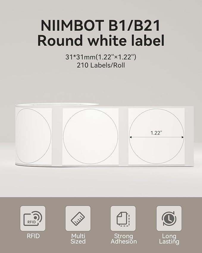 NIIMBOT Label Tape for B1/B21/B3S, 1.2" X 1.2" (31x31mm) Round, Thermal Label Sticker for Logo/Candles/Gifts/Mailing/Jars/Bottles, 210 Labels/Roll, White