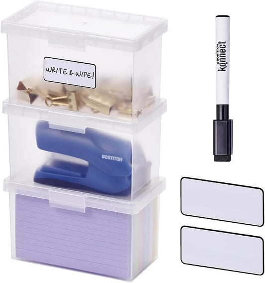 Bostitch Konnect Storage Containers with Lids, Office Organizer, Clear Plastic Box, Stackable for Index Cards, Labels, 1 Qt, 3 Pack