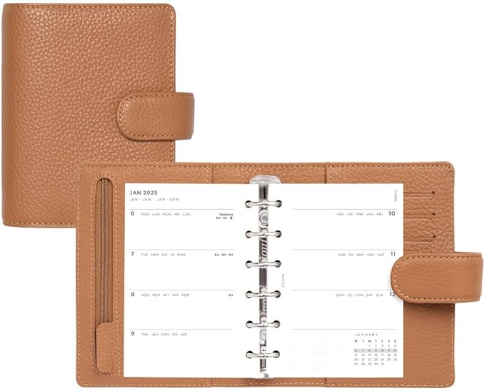 Filofax Norfolk Organizer, Pocket Size, Almond - Soft, Full-Grain Leather, Six Rings, Week-to-View Calendar Diary, Multilingual, 2025 (C022632-25)