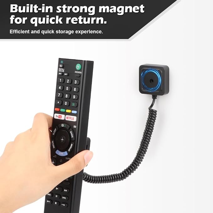 2-Pack Magnetic Remote Control Holders with Spring Ropes - Safely Secure TV Remotes & Small Items, Wall-Mount with Adhesive, Anti-Loss, Rapid Adsorption, Extendable Spring (White, 2 Pack)