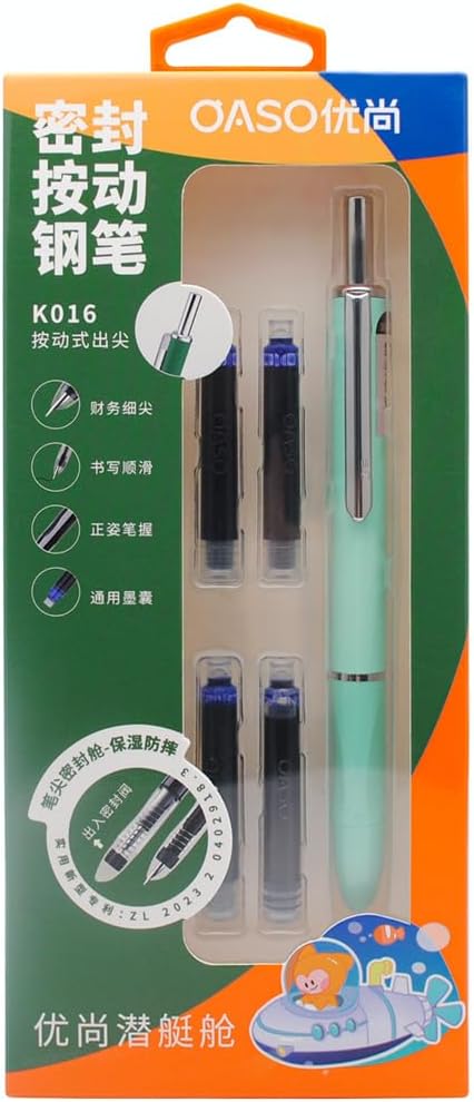 OASO K016 Retractable Fountain Pen Set 0.5mm with 4pcs Blue Ink Cartridges Smooth Writing for School Students (Seaweed Green)