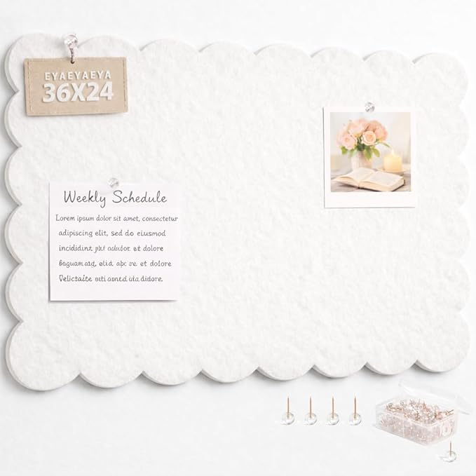 Scalloped Felt Bulletin Board 36 x 24 Inches, Large Decorative Pin Board for Wall, Vision & Message Board for Home Office, Bedroom & Study (Warm Beige)