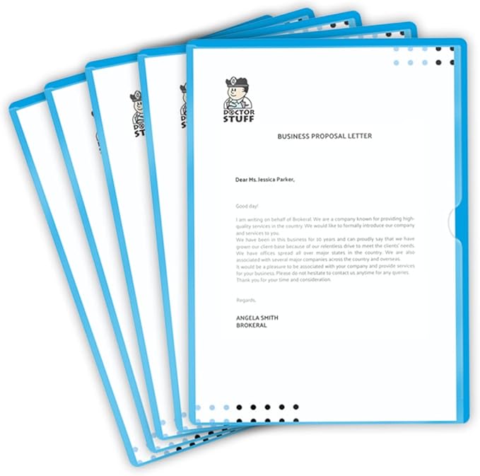 Doctor Stuff - 25 Pack L-Type Vinyl Plastic File Folders Letter Size, Light Blue Pocket Project Folders Clear Front, Documents Holder for Home, High School, Office and Medical Files