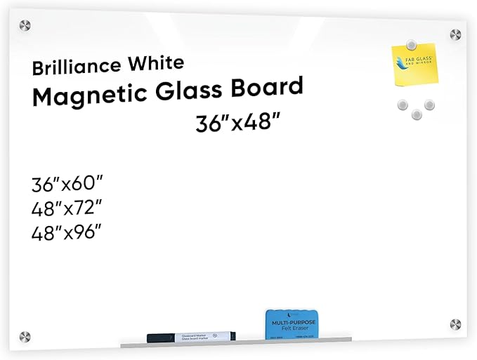 Frameless Magnetic Glass Board 36"x48", White Surface Glass Board - Includes Magnets, Markers, Marker Tray, Eraser for Home & Office by Fab Glass and Mirror