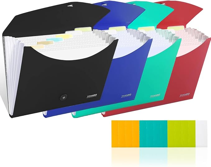 4 Pack 7 Pockets Accordion File Organizer, TRANBO Letter Size/A4 Expanding File Folder with Index Tabs, Expandable Plastic Document Organizer for Business Travel School Office Home