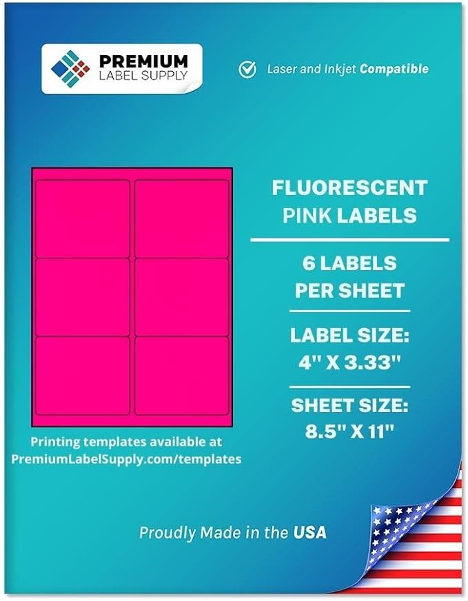 Premium Label Supply Bright Neon Color Fluorescent Stickers - 4" x 3.33" Labels - (Fluorescent Pink, 150 Labels)