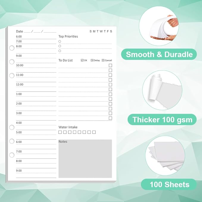 Undated Daily Planner Refill - A5 Planner Inserts, 100 Sheets/200 Pages, 6 Hole Refills Paper, Planners Refills for Filofax, College Ruled, 5.8 X 8.26 Inch, 6-Hole Punched, 100gsm