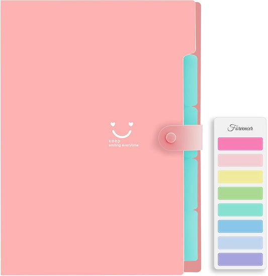 Forvencer Accordion File Organizer, Letter Size, 5 Pocket Expanding File Folder, Cute File Folder with Labels, Portable File Organizer for School Office Supplies, Folders for Documents, Pink