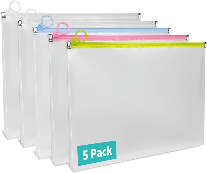 Binditek 5 Pack Clear Plastic Zip Envelopes, Heavy Duty, 9 x 12 Inch Expanding File Pouches, Multicolor Document Holders for Office and School Use