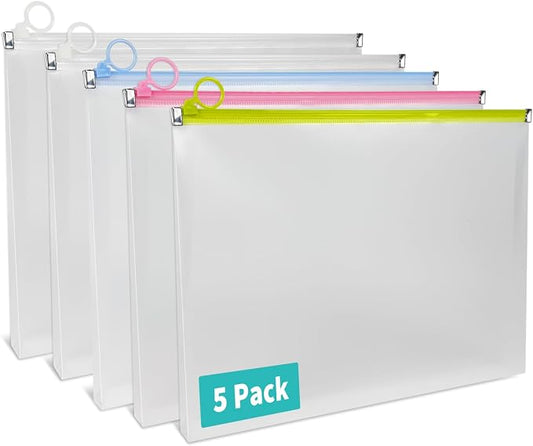 Binditek 5 Pack Clear Plastic Zip Envelopes, Heavy Duty, 9 x 12 Inch Expanding File Pouches, Multicolor Document Holders for Office and School Use
