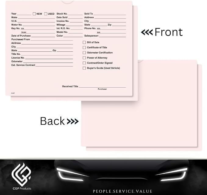 Printed Vehicle Deal Jackets Envelopes Folders for Auto Car Dealerships - 9x12 Size - Dealer Supplies - New and Used Cars - 100 Quantity (Pink)