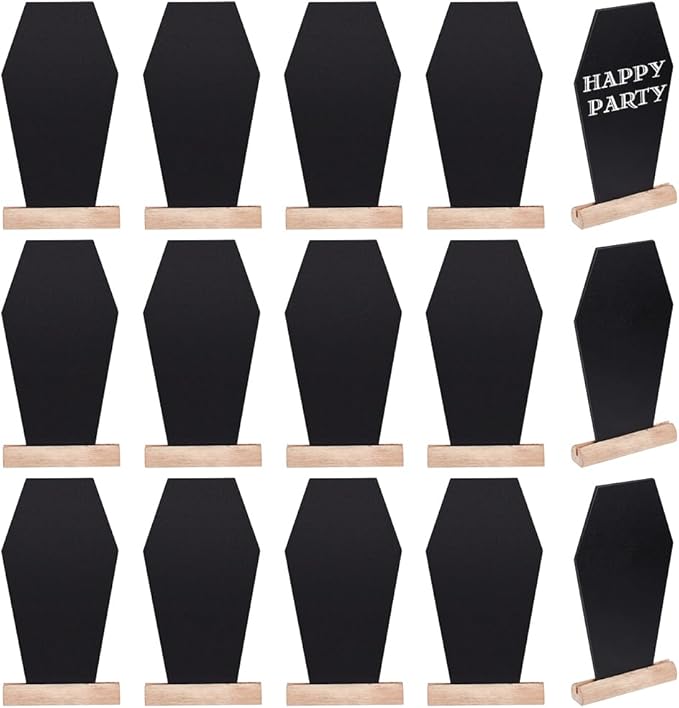 BENECREAT 16Sets Black Wood Tabletop Chalkboard, 6.1x3.1 Inch Coffin Shape Blackboard with Stand for Buffet, Message Board Signs for Halloween Weddings Parties
