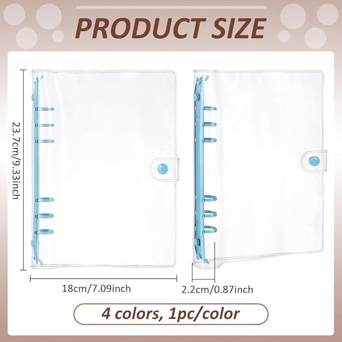 FINGERINSPIRE 4Pcs A5 Transparent Soft PVC 6-Ring Binder Cover 4Color Soft Notebook Planner Folder PVC Covers Binder 6-Hole Binders Notebook Covers Refillable Ring Binders Folder for Cover Protection
