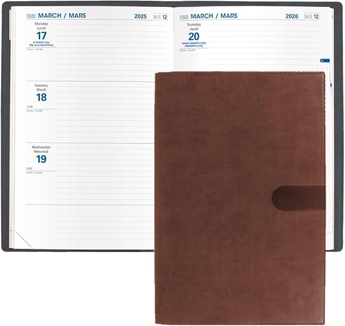 Quo Vadis 2026 Hebdo - Bi-Lingual (EN/FR) - Weekly/Monthly Planner - 12 Months, Jan. to Dec. - 6 1/4 x 9 3/8" - Smooth Faux Suede Texas Chocolate Covers - Productivity Time Management Organizer