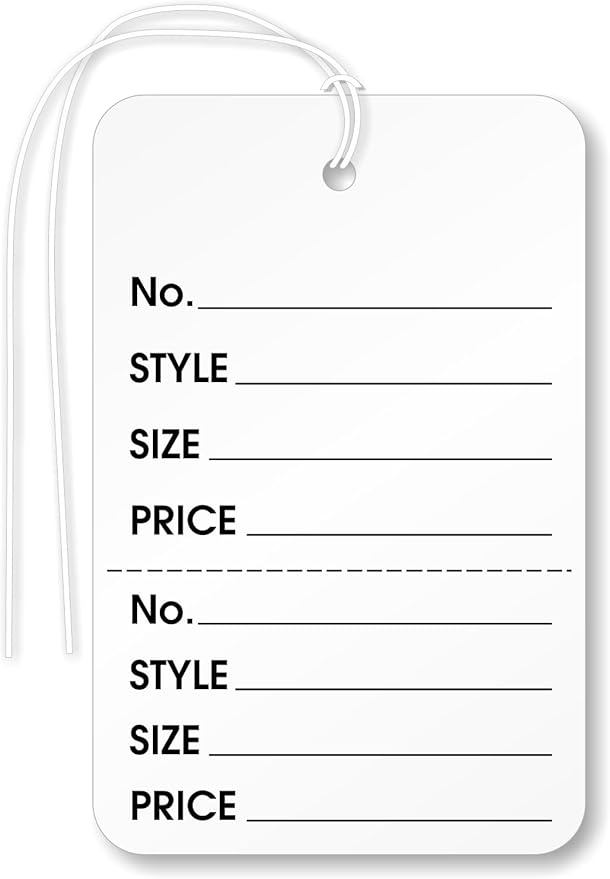 XpressTags (Pack of 1000) 2.875 x 1.75 inch Perforated Garment Tags with Pre-Attached String and Stub (Size - 6), String, 12 Point Cardstock, White