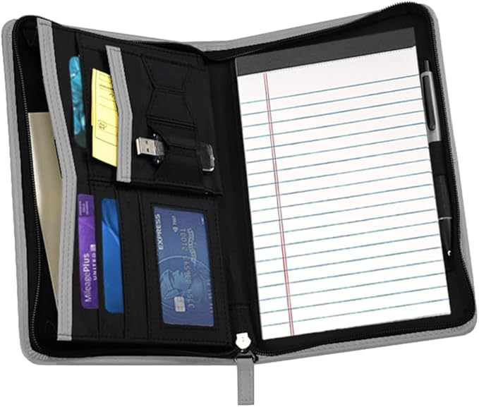 Lcjtop Junior Business Padfolio - A5 PU Leather Portfolio Binder & Zippered Binder Folder with 5 x 8 Writing Pad and Interior Storage Pocket Executive Business Organizer for Women,Gray