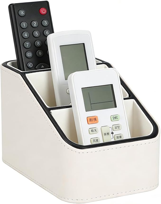 UNICRAFTALE PU Leather Remote Control Holder Organizer 3-Grid Desk Organizer Bedside Table Caddy Remot Organizers for TV Remote Pen Glasses Office Supplies Home Decor White 6.69x3.94x3.94 Inch