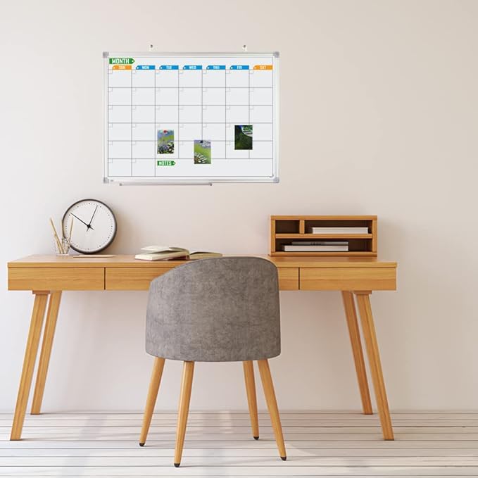 Lockways Dry Erase Calendar Whiteboard, White Board Monthly 24" x 18", Wall-Mounted Aluminum Framed Calendar Board
