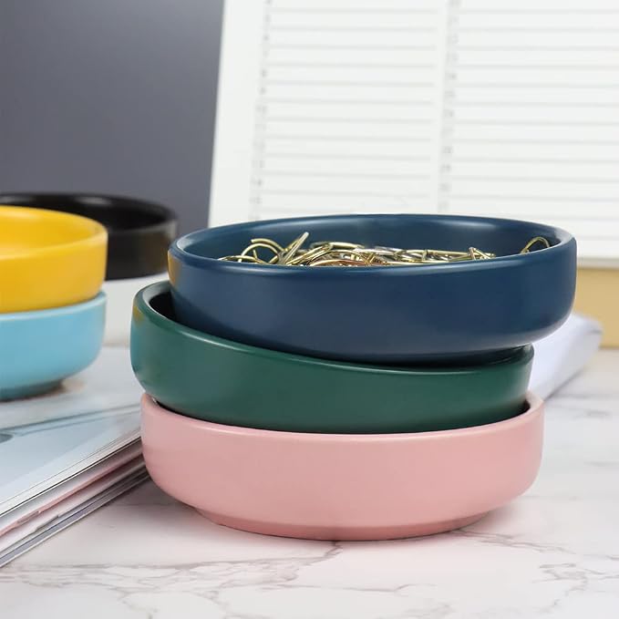 MEI YI TIAN Small Ceramic Paperclip Holder for Desk, Round Paper Clip Holder Push Pin Organizer Macaron Navy Blue Paper Clip Dispenser Desktop Organizer Cute Storage Plate Desk Accessories